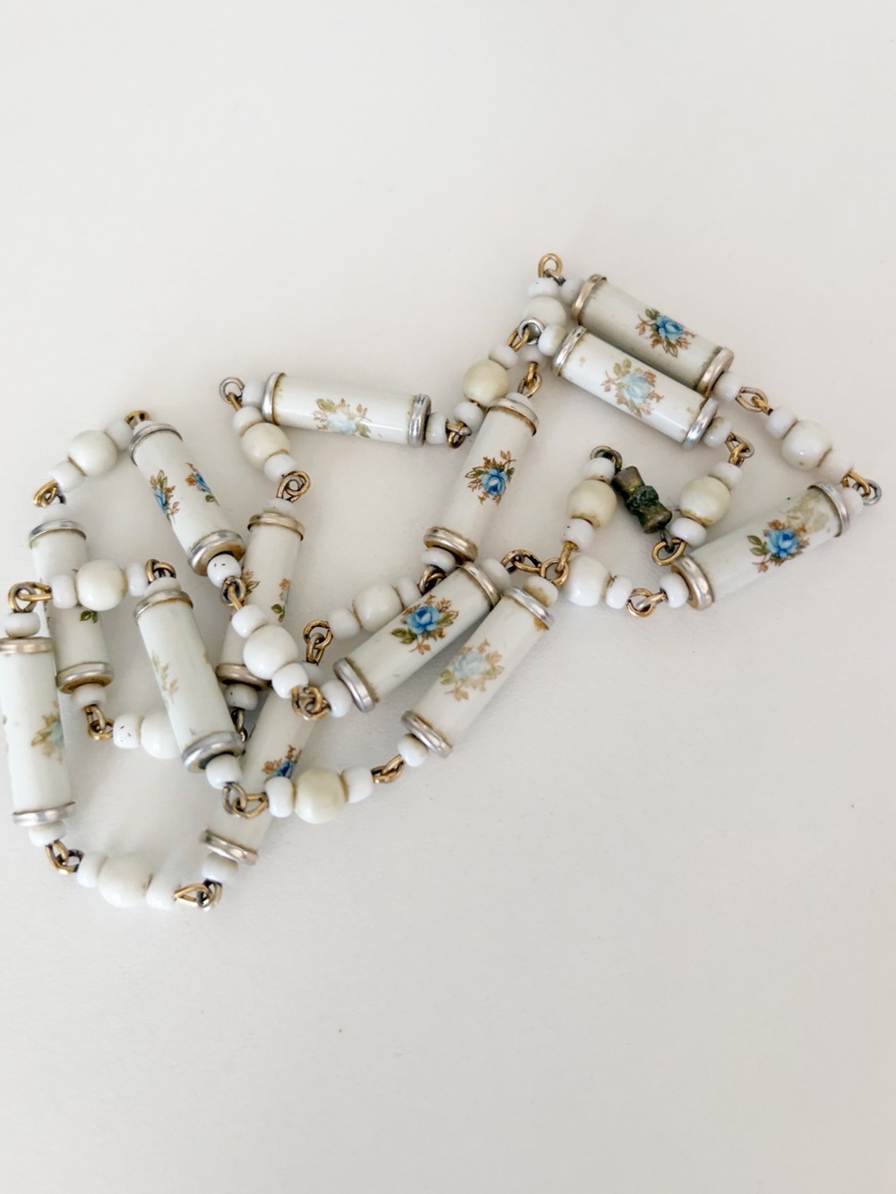 Vintage white and blue floral beaded  Necklace